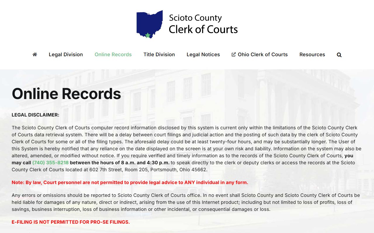 Scioto County court records after arrest clerk online records disclaimer