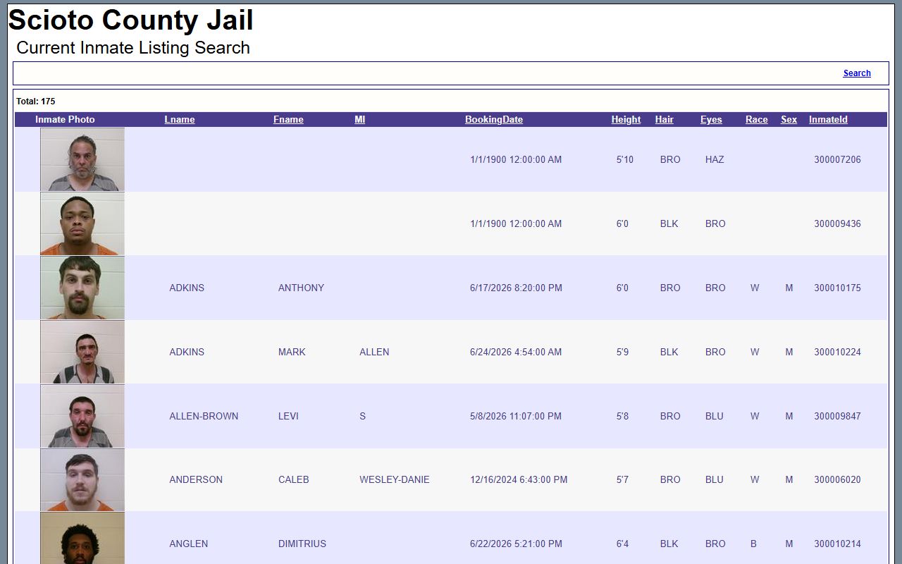 Scioto County jail roster search result table with inmate record fields