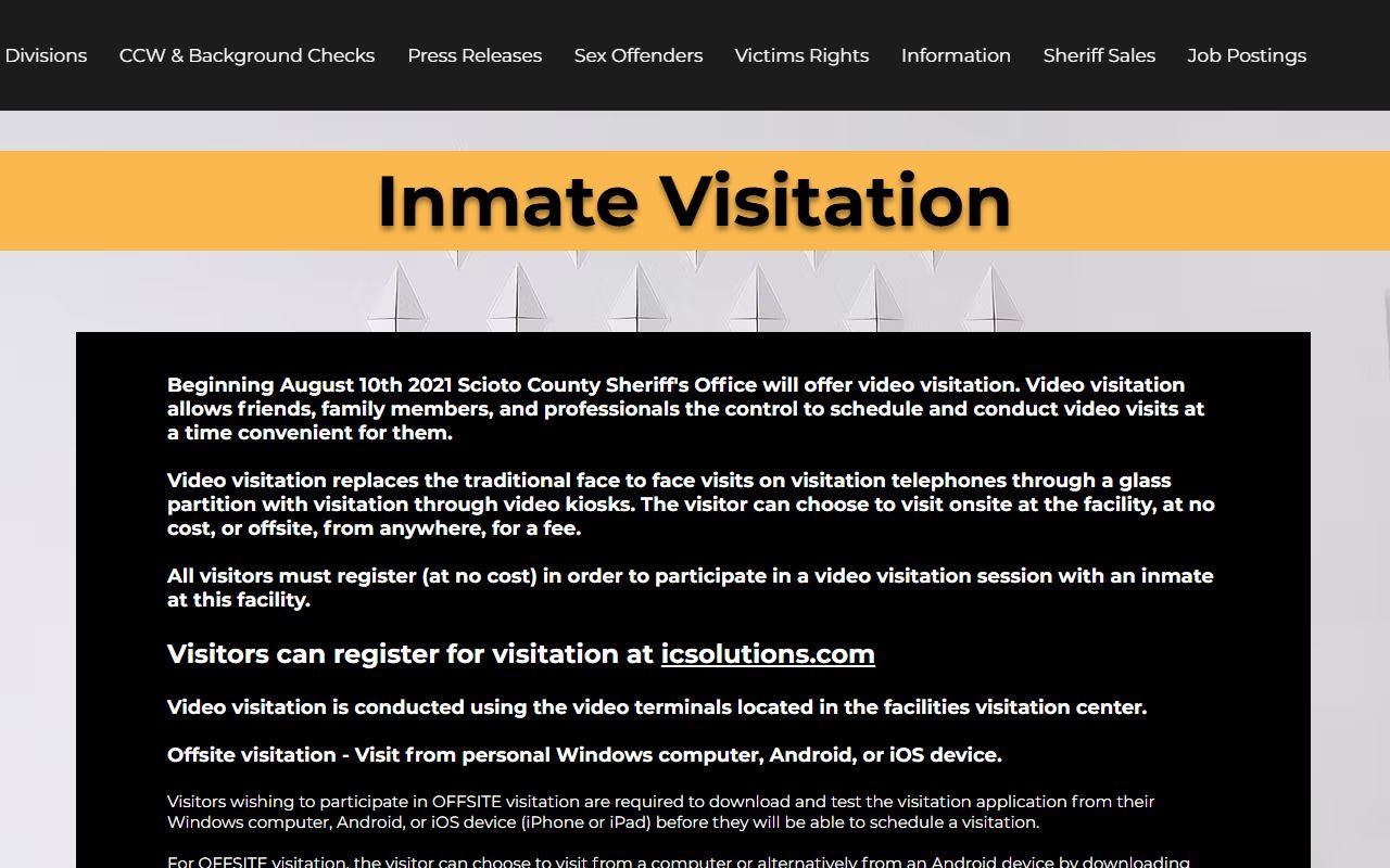 Scioto County Correction Center visitation schedule and video visit rules
